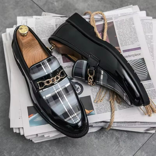 Spring Italian Luxury Leather Shoes for Men Chain Loafers Casual Men Shoes Slip-on British Style Striped Thick bottom Moccasins