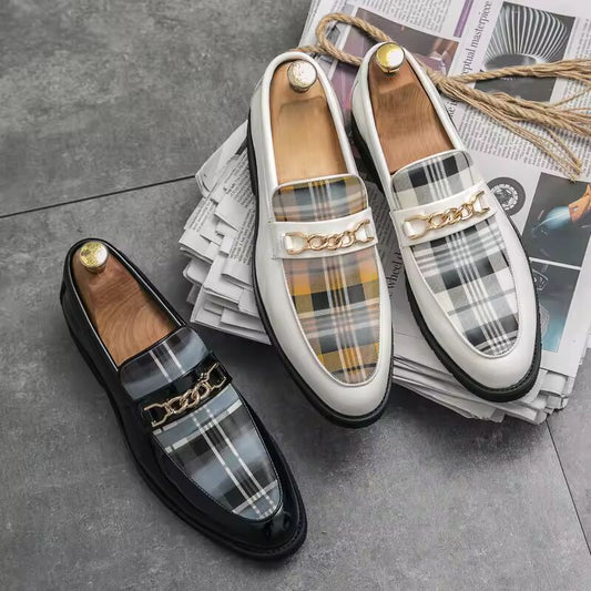 Spring Italian Luxury Leather Shoes for Men Chain Loafers Casual Men Shoes Slip-on British Style Striped Thick bottom Moccasins